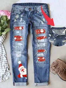 Christmas Special Santa Fashion Print Jeans, Patch Ripped Jeans, Distressed Ripped Cat Whisker Craft, Elastic Breathable Fabric, Back Waist Band Design