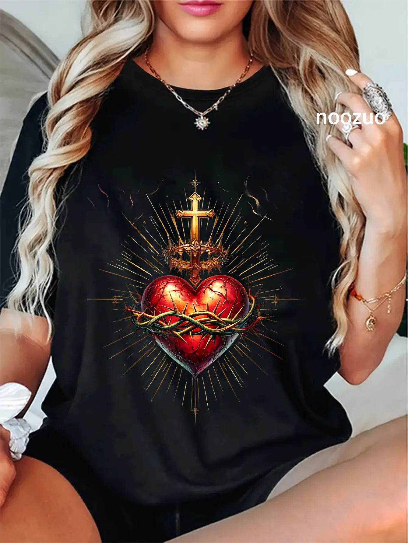 Women's Sacred Heart of Jesus Graphic T-Shirt, Casual 100% Cotton Christian Catholic Faith Top, Everyday, Christian Message Graphic Women's T-Shirts, Jesus Saves Graphic Women's T-Shirts