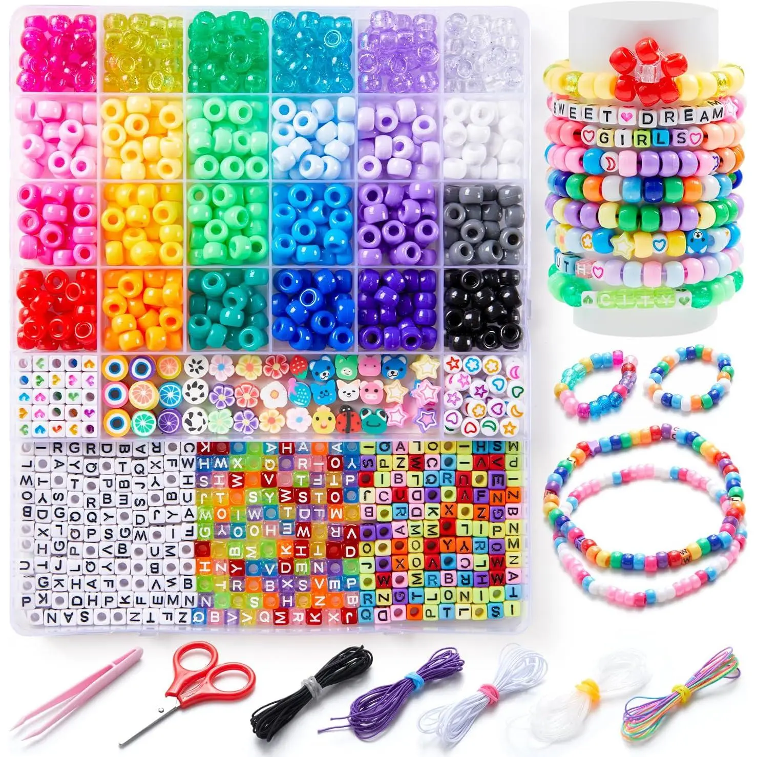 1200-Count Plastic Beaded Jewelry Beginners Kit, 24 Colors Pony Rainbow Kandi Beads with Elastic Strings, DIY Beading Accessories Craft Meaningful Gifts for Girls, Crafting, 4‑Mm Bead Hole Fit
