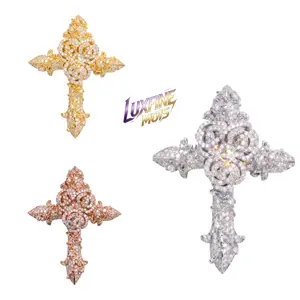 ⑥LUXFINE MOIS Iced Out Ornate Rose Pattern Cross Pendant, 14K Gold/Rose Gold/White Gold Plated Full Paved Moissanite Hip Hop Religious Necklace Pendant, Pass Diamond Tester for Men Women