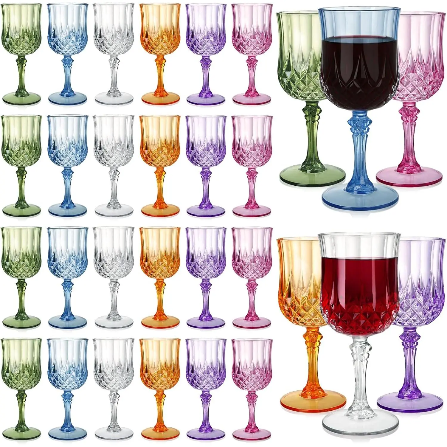 24 count Plastic   Glasses, 7 Oz Plastic Colored Water Goblets for Party Wedding, Unbreakable Drinking Glasses Cups with Stem,   Cups for , , , 6 Color