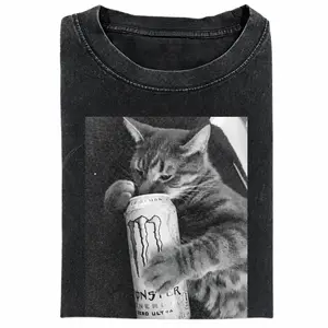Monster Energy Cat Meme Graphic Tee, Black And White Aesthetic Shirt, Funny Hyper Cat Energy Shirt, Crew Neck T-Shirt, Streetwear Short Sleeve Tshirt, Unisex Menswear Womenswear Top