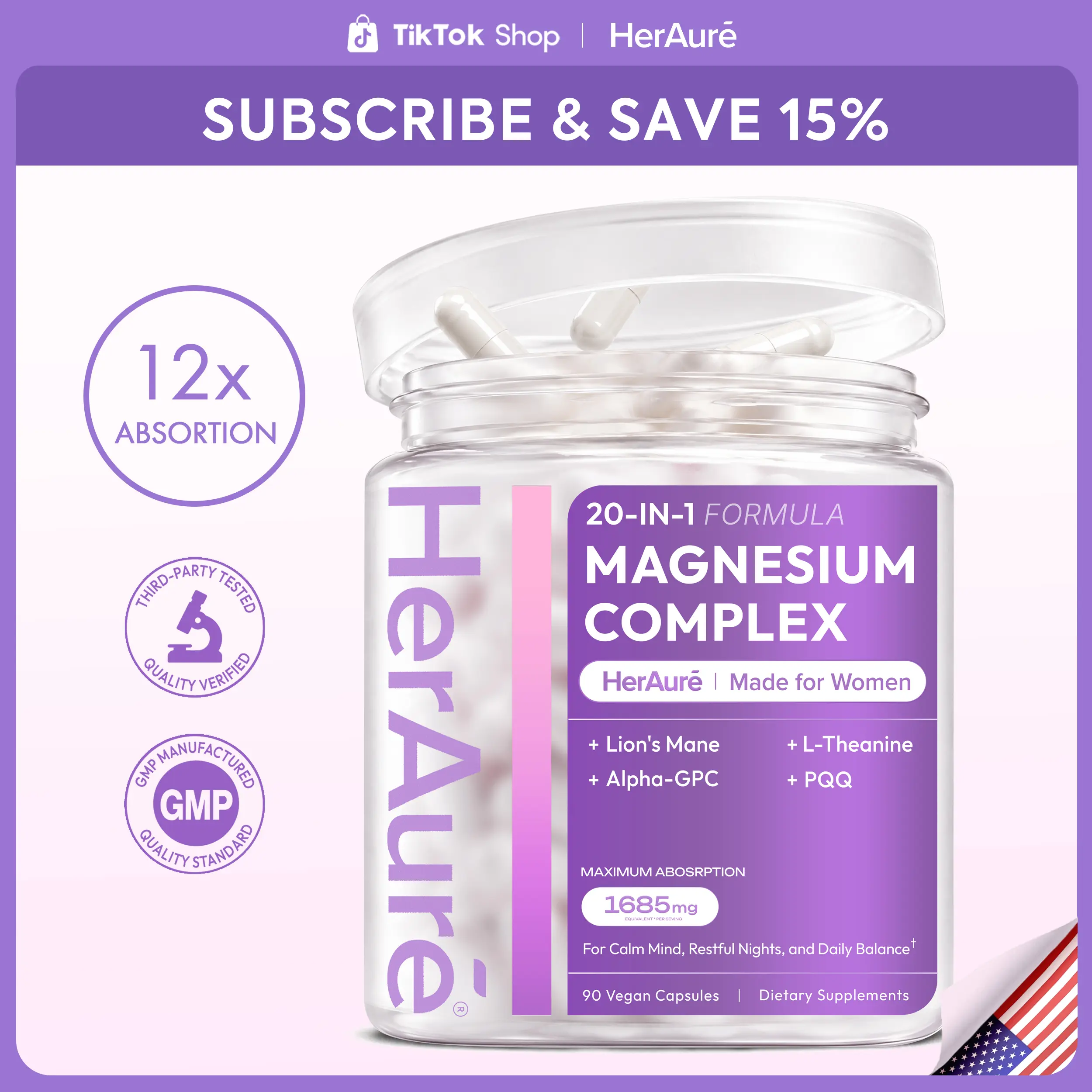 HerAuré 20-in-1 Magnesium Complex 1685mg - Brain Fog Relief, Reduce Overthinking & Calm Mind, Stress Relief & Sleep Comfort, Digestion, Muscle & Energy Support, 12 Forms of Magnesium, B6, Zinc & Slippery Elm, beach essentials, Deals For You Days，G