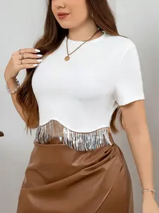 Wave Hem Sequin Fringe Short Sleeve T-Shirt, Women Summer Sexy Style Fitted Short Top, Waist Show off Striped Blouse