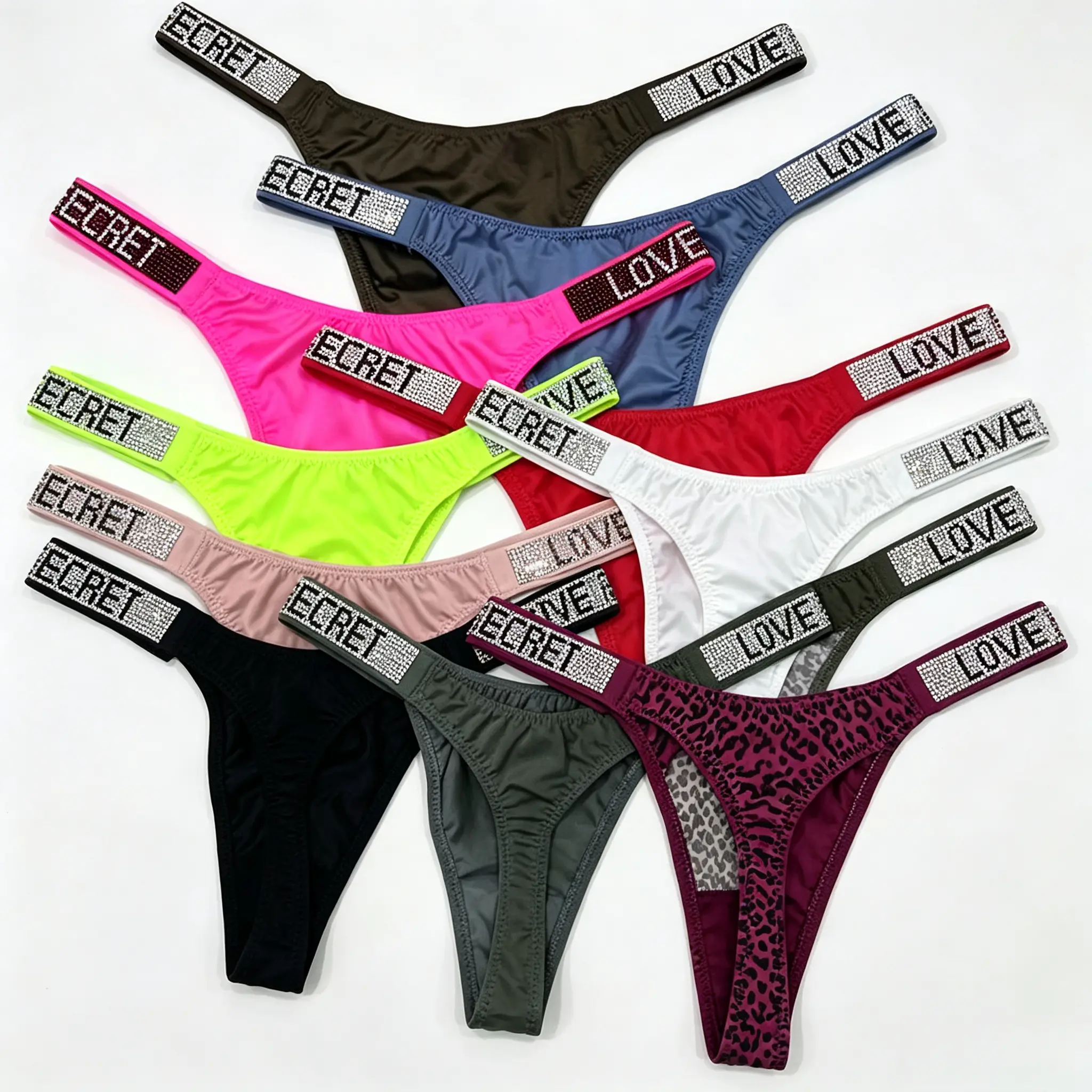 Women's Low Waist Rhinestone Letter Shiny Seamless Thongs Set - 3Pcs/4Pcs Assorted G-String Panties for Ladies