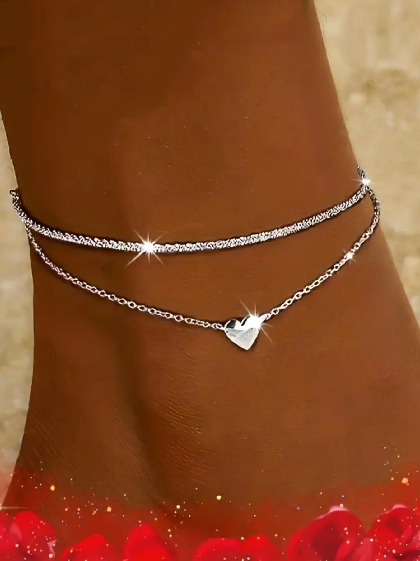Double-Layer Heart Anklet for Women and Girls, Dainty Layered Bracelet Jewelry, Cute Birthday Gift Fashionable Accessory, Fashionable Jewelry Accessories, Trendy Fashionable Accessories