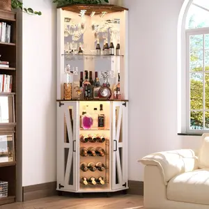 68.9“ Tall Corner Bar Cabinet, Wine Bar with LED Light and Mirror, Farmhouse Liquor Cabinet with Adjustable Shelf & Glass Rack, for Dining Room, Living Room