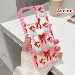 Santa Bow Pattern Magnetic Phone Case for iPhone 17 16 15 14 Pro Max 13 12 11 XR XS E Plus Clear Crystal Drop-proof Slim Silicone Shockproof Transparent Protective Cover Supports Wireless Charging