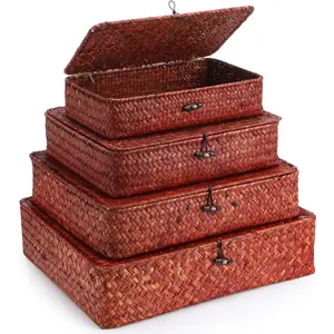 Set of 4 Seagrass Basket with Lid Wicker Storage Basket Decorative Storage Boxes with  Flat Storage Bins Woven Organizer Baskets for Shelf Closet Bedroom, 4 Sizes (Retro Red)