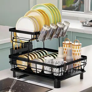 2 Tier Dish Drying Rack for Kitchen Counter Metal Dish Racks Drainers with Knife Cup Utensil Holder