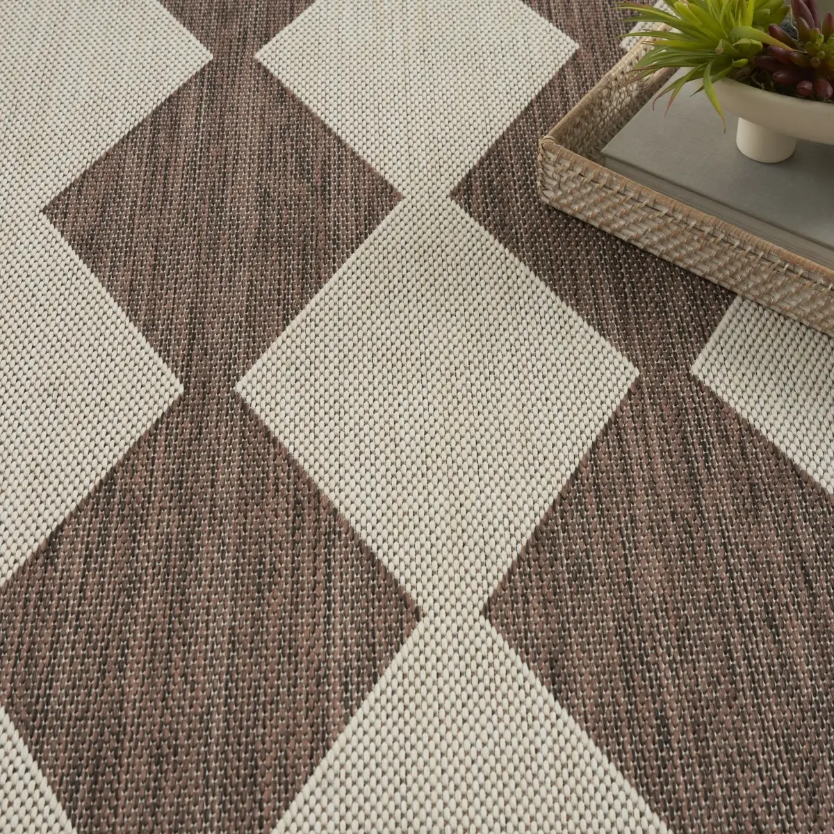 Positano Hand-Loomed Checkered Diamond Casual Area Rug - 8ft Circular, Natural, Low Pile, Retro Tiles, Polypropylene, Indoor-Outdoor for Patio/Deck, Modern Contemporary Flat Weave Rug