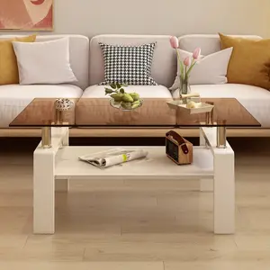 Modern ARCH Rectangle Coffee Table, Tempered Brown Glass Tabletop with MDF Layer, Indoor Living Room Coffee Tables