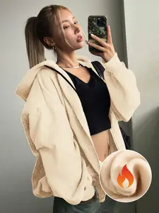 Women's Solid Color Casual Basic Hoodie, Knitted Front Zipper, Long Sleeve Loose Fit, Drawstring Adjustable Cap, Perfect for Home Office & Leisure, Womenswear