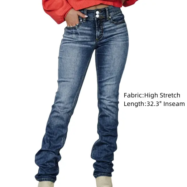 Flamingals Washed Flap Pocket Mid Waist Bootcut Jeans with stretch Comfort Casual Womenswear Essential Outfit Bottom Denim Fit Spandex Fit Blue Basic Everyday Fitted women jeans