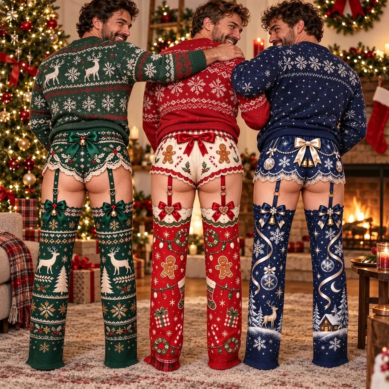 Men's Loose Christmas Pajama Pants - 200g Cotton-Feel Fabric, Funny Fake Garter Graphic Print, Festive Reindeer Snowflake Pattern, Elastic Loungewear Bottoms with Straps, Soft Breathable Sleepwear for Family Night, Holiday Gift (M-3XL, Lace Accents)