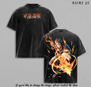 Jujutsu Kaisen Yuji Itadori Anime T Shirt Fire Graphic Vintage Washed Grey Tee Oversized Manga Streetwear Japanese Anime Fashion Casual Unisex Gift Idea