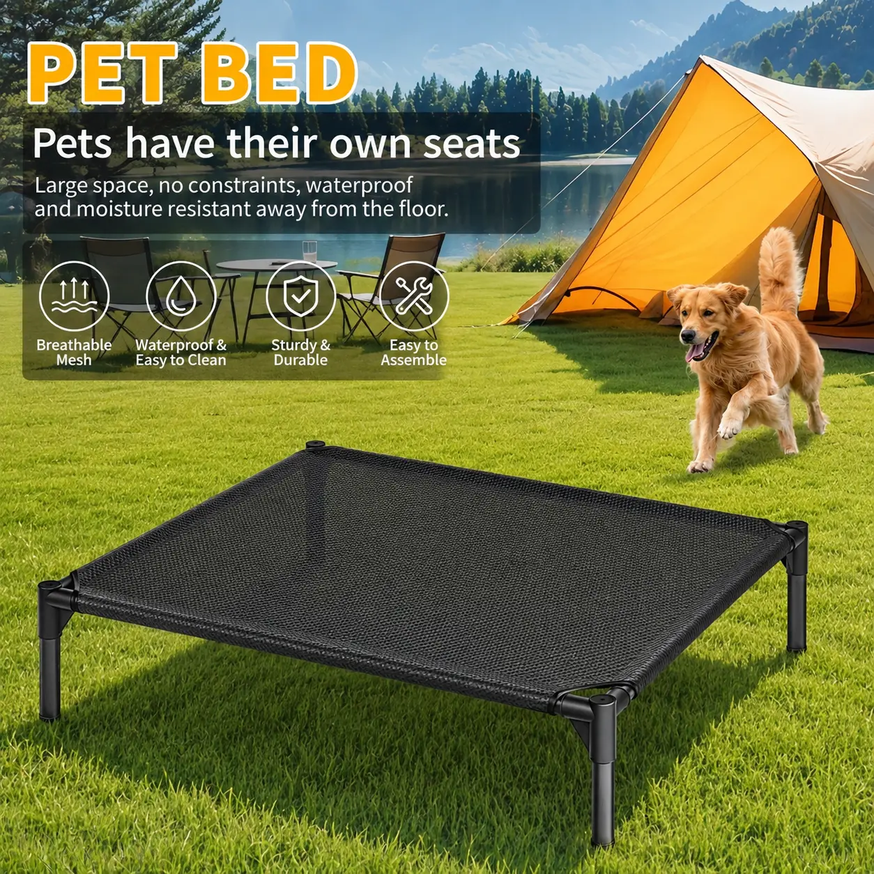 Elevated Dog Bed, Breathable Mesh Raised Pet Cot, Waterproof & Easy to Clean, Sturdy Indoor Outdoor Dog Bed for Camping, Travel & Home