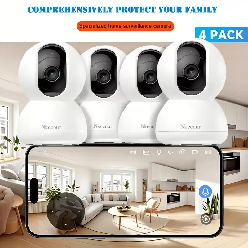 1pc/4pcs 3MP PTZ Dome Camera, Fixed + Tracking View, IP54 Waterproof Rating, Night Vision, WiFi, 5G, iOS/Android Control, Remote Viewing, Motion Detection, Two-Way Audio. Perfect for teen safety and home monitoring.