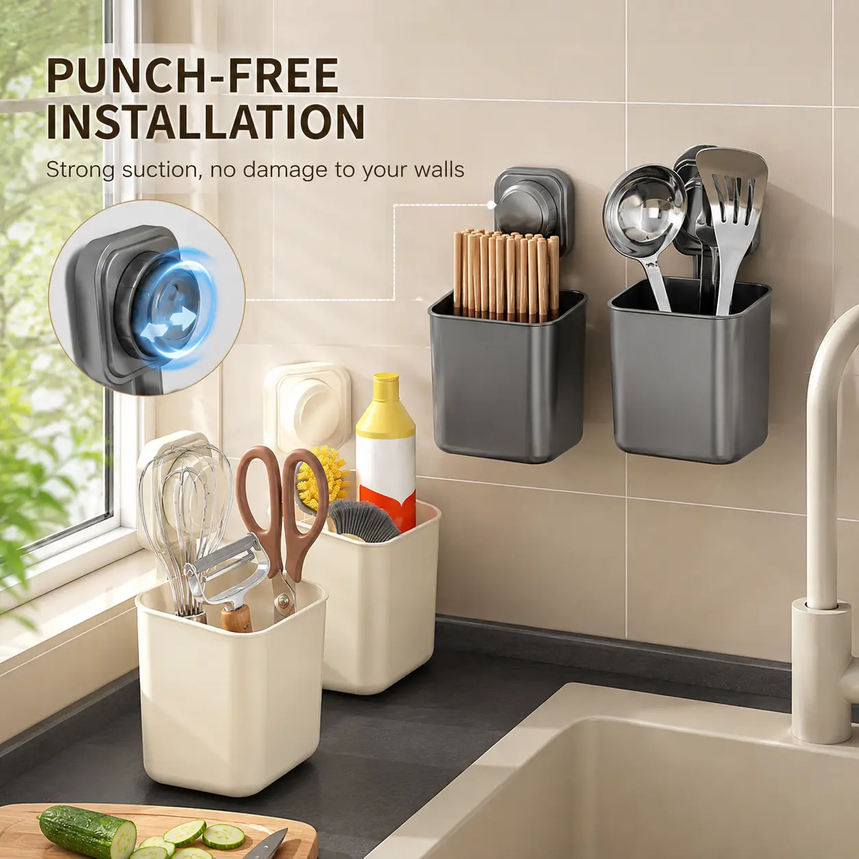 1 Count Wall Mounted Suction Storage Holder, Punch-Free No Drilling Design for Kitchen Utensils Chopsticks Cutlery Organization