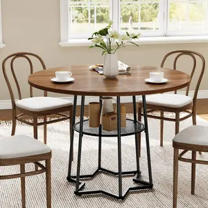 GARVEE Round Dining Table for 4, 39 Inch Farmhouse Kitchen Table with 17.7 In Storage Space, Heavy Duty Metal Base, for Kitchen Dining Room, Brown