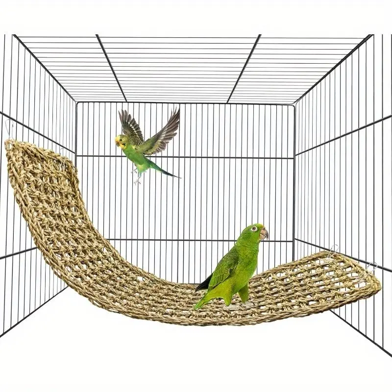 Natural Seagrass Bird Mat - Bird Swing, Hammock, Climbing Rope Ladder, Chew Toy - Rattan Pet Cage Accessory for Parrots, Small Animals, Hammocks, Natural Rattan