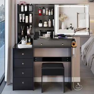 37" Vanity Desk with Mirror and Lights and Chair, Vanity Set with Lights and Stool, Power Outlet, Makeup Vanity with Drawers, 3 Adjustable Lighting, Dressing Table for Bedroom Dressing Room