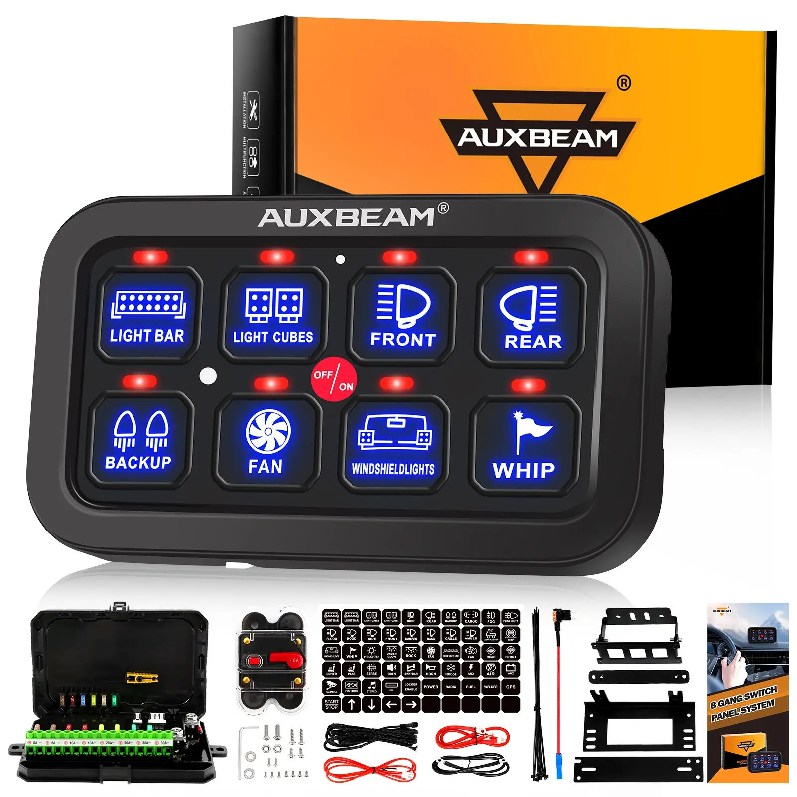 AUXBEAM 8-Gang Blue Multifunctional Car LED Switch Panel - Offroad Lighting Control System with Automatic Dimmable Backlight, Car Ambient Lighting Accessories for Safe Driving, Outdoor Fun, Car Accessories