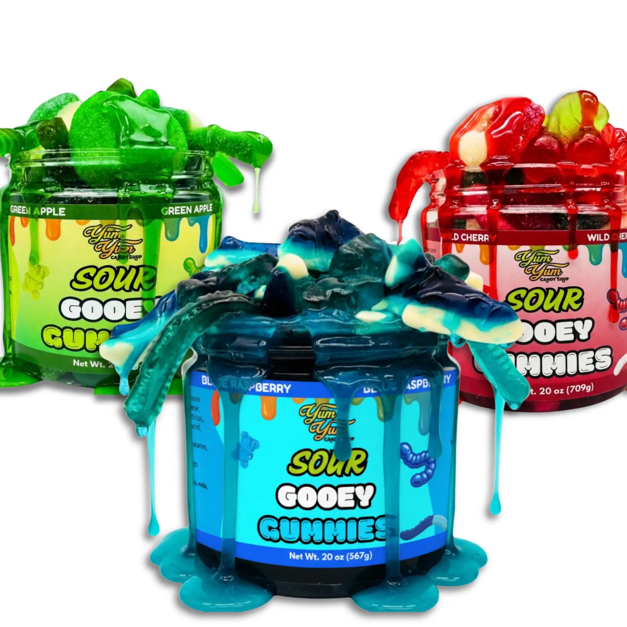 Yum Yum Gooey Gummies Blue Raspberry Wild Cherry Green Apple Sour Ooze Chewy Fruity Punch Snack