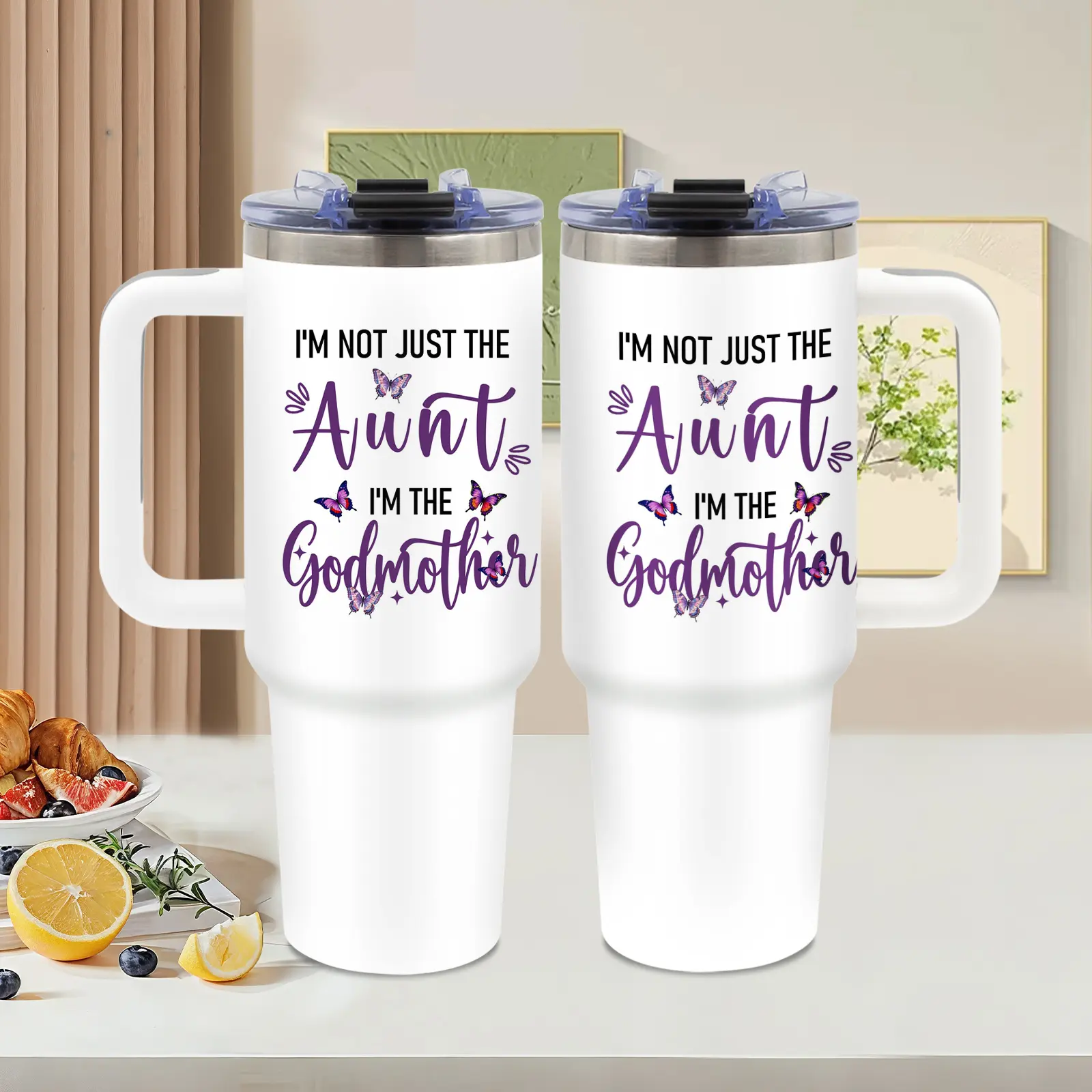 Butterfly Godmother, 40oz tumbler with handle, Summer Ice Stainless Steel Vacuum Insulated Travel Mug, purple watercolor design, Godmother Lover Gift, for home and office, Birthday Gift, Water Bottle, Tumbler Gift for Women and Men