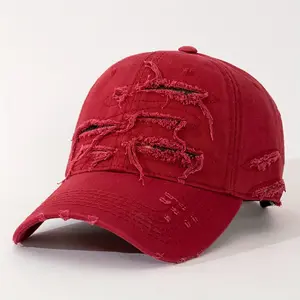 1pc Raw Edge Special Washed, Back Letter Embroidery Street Style Ripped Hole Multi-Layer Fabric Design Baseball Cap, Adjustable Size Dad Hat, Solid Color Casual Unisex, Perfect for Couples And Friends