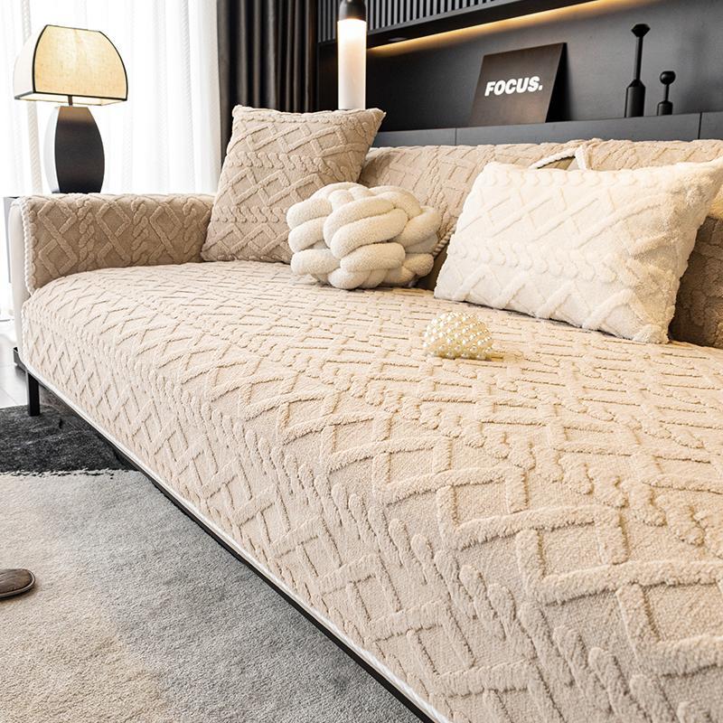 Solid Color Cotton Velvet Sofa Cover, Quilted Simple Modern Sofa Cover, Anti-Slip Sofa Cushion Cover for Home Living Room & Bedroom