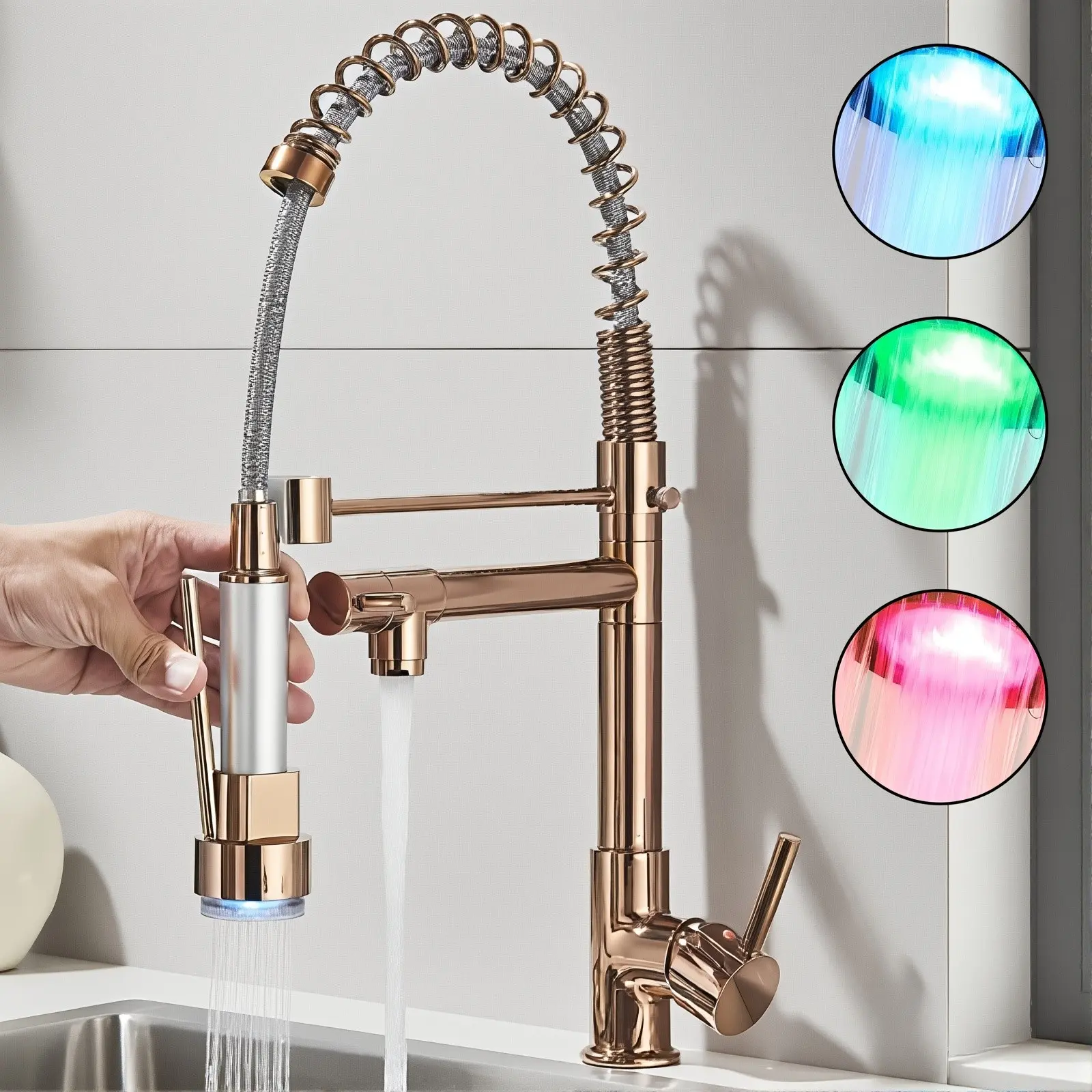 Rose Gold Modern High-Arc LED Kitchen Sink Faucet with Spring Pull-Down Sprayer, 1-Handle 1-Hole Design, Durable Finish, High-Quality Construction, Low-Voltage Compatible for Home, RV (Valve, Connectors Included)