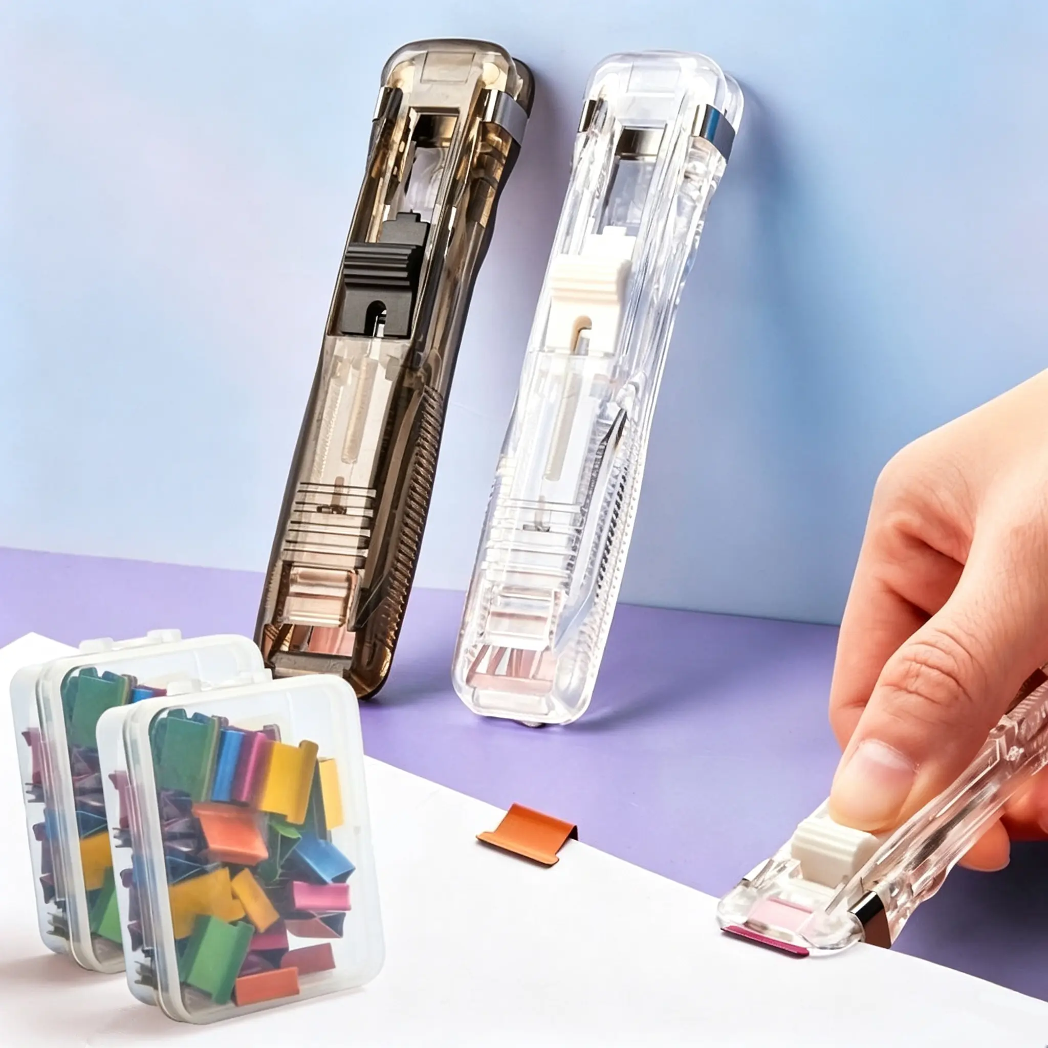 Portable Binder Clip Stapler, Large Handheld Paper Clam Clip Dispenser! Comes with 100 reusable clips,handheld fast paper clipper works great for file binding and document organization. Available in classic white and black for your office and study use!