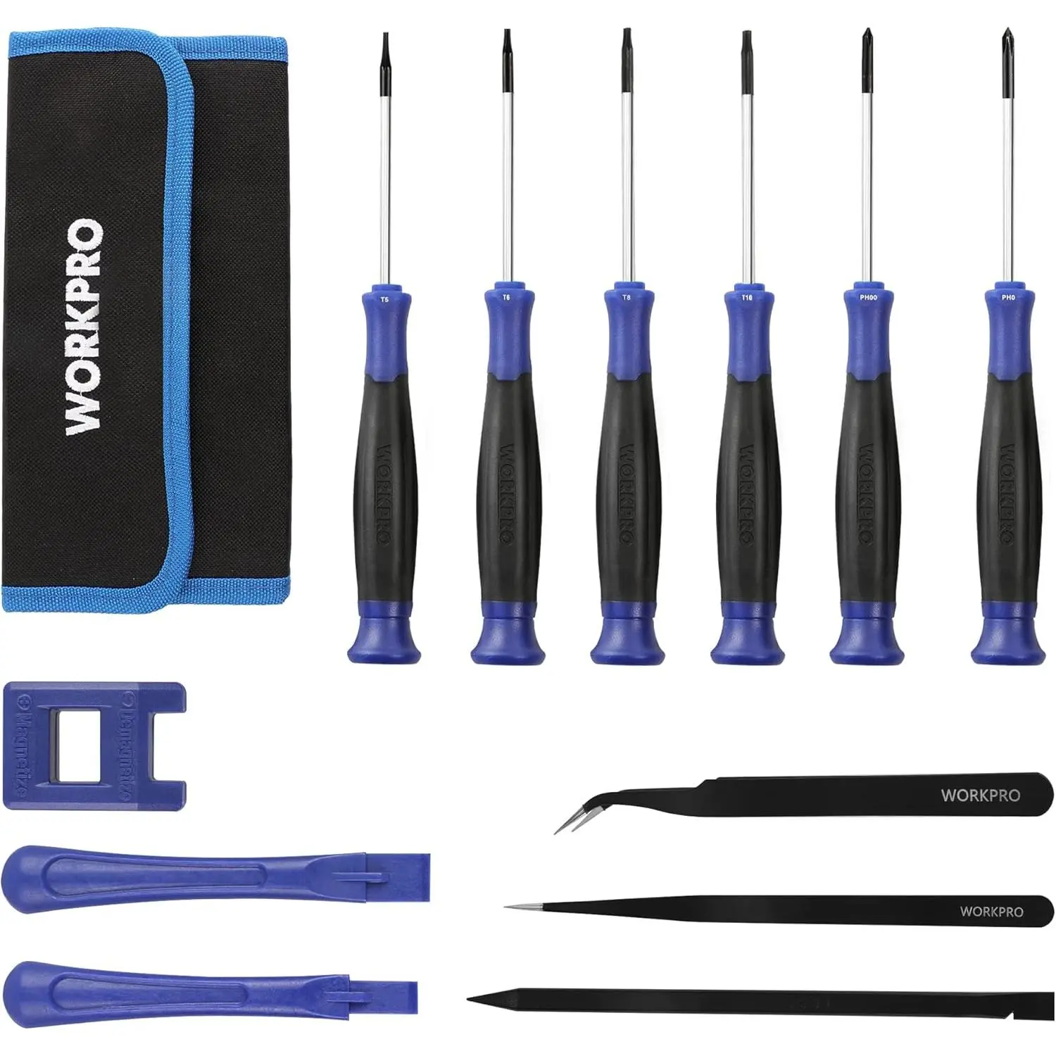 12-in-1 Precision Magnetic Screwdriver Set with Rubber Grip - T3-T10 Security Torx Bits, 2 Tweezers, 2 Plastic Pry Bars, 1 Spudger, Portable Pouch, Anti-Corrosion Magnetic Tips, Lamps & Electronic Products Repair Tools, Eyeglass