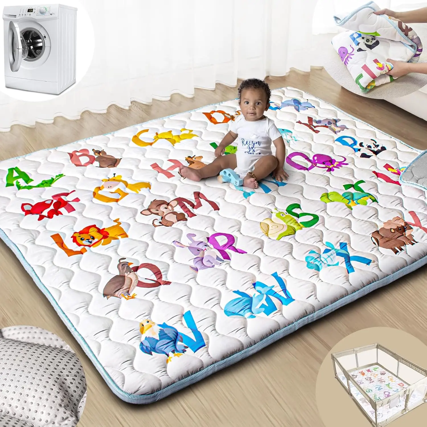 Animal Alphabets Baby Play Mat, 71"x59" Large Foldable Crawling Mat for Toddlers, Extra Thick, Soft, Anti-Slip, and Washable for Floor or Playpen Use