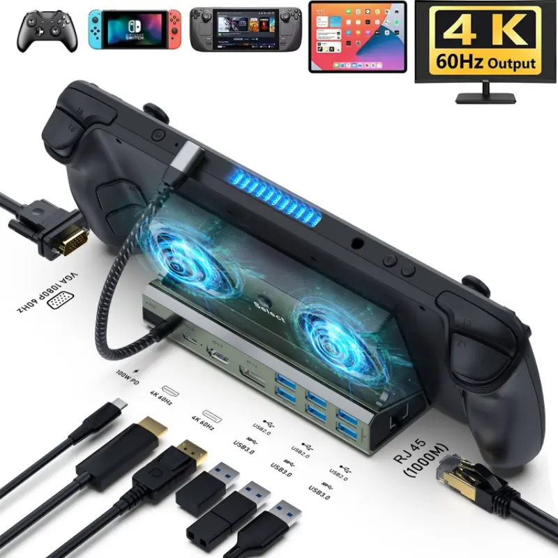 Multi-port USB-C Dock For Steam Deck Rog Ally Switch Triple HDMI DP VGA Monitor Output 100W PD Charger Hub