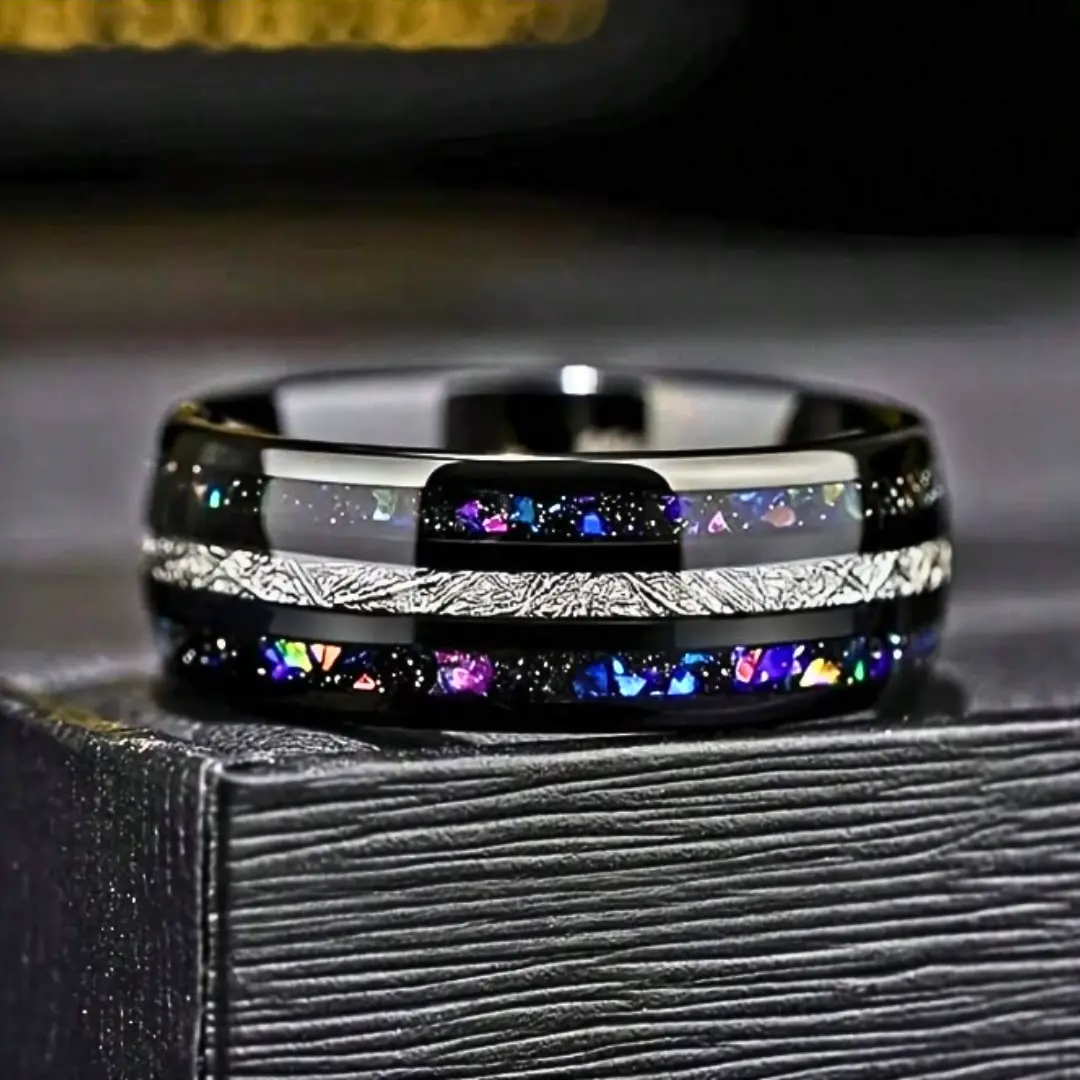 A black stainless steel ring set with sparkling stars, suitable for everyday wear and fashion accessory for both men and women, tungsten rings