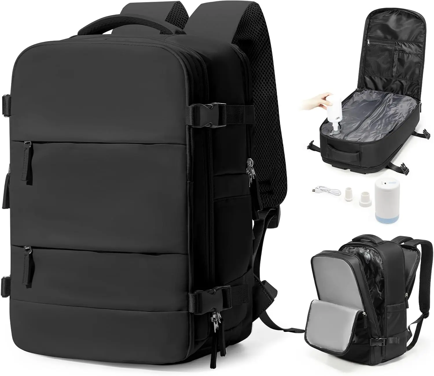 Vacuum Backpack Travel With Pump,Mochila De Viaje Compresion Al Vacio,Personal Item Travel Backpack With Vacuum System,Large Carry On Backpacks For Women Men,Black