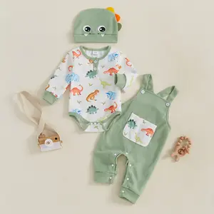 Newborn Baby Boy Dinosaur Outfit Long Sleeve Romper + Overalls Long Pants + Cute Hat Infant Fall Spring Clothes