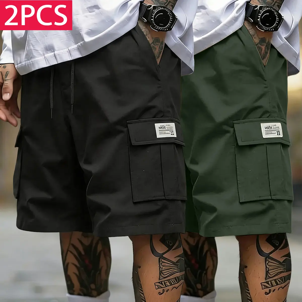 Men's 2-Pack Woven Loose Cargo Shorts - Drawstring Waist, Multiple Pockets, Stylish Design, Suitable for Casual Sports, Outdoor Activities, Ideal Gift for Men, Drawstring Waist Men's Shorts