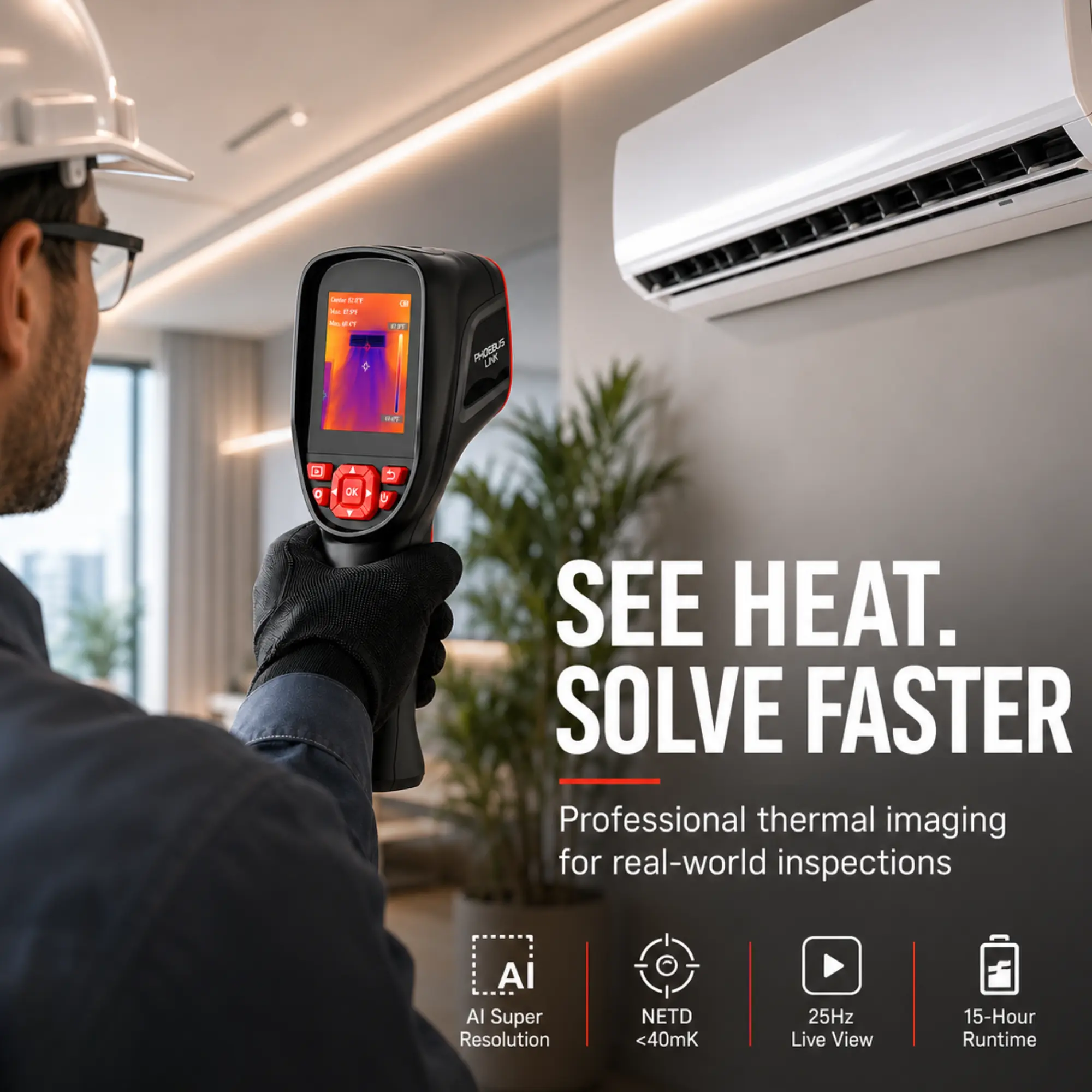 Infrared Thermal Imaging Camera 320x240 AI Super Resolution with Max Min Temperature Tracking for HVAC Electrical Home Inspection