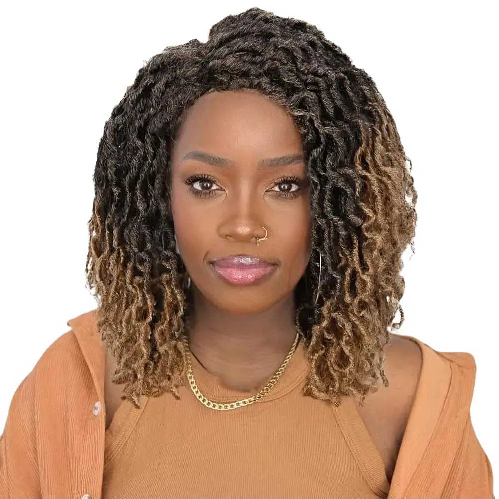 Black Women's Short Braided Synthetic Full Machine Wig - Faux Locs, Dreadlock, Goddess Locs, Brown Highlight, Low-Temperature Fiber