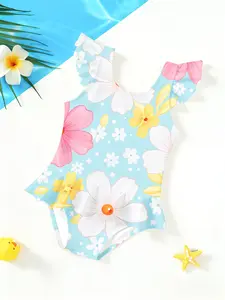 Girls' Floral Pattern Jumpsuit, Cute Cartoon Print, Ruffled Quick-Dry Swimwear, Fashionable Beach Party, Sporty Style