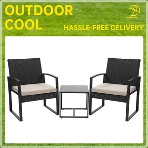 3-Piece Outdoor Patio Bistro Dining Set, Waterproof Wicker Chairs, Safety Glass Table, Thick Cushions, for Balcony Garden, Clearance Deal, Outdoor Dining Set,summervibes