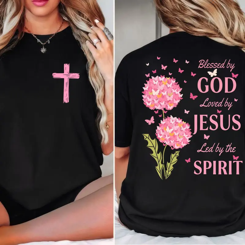 Blessed By God, Loved By Jesus, Led By The Spirit 2 Siđed Tee Pure  Casual Street Style Crew Neck Short Sleeve T-Shirt Tops Trendy for Women