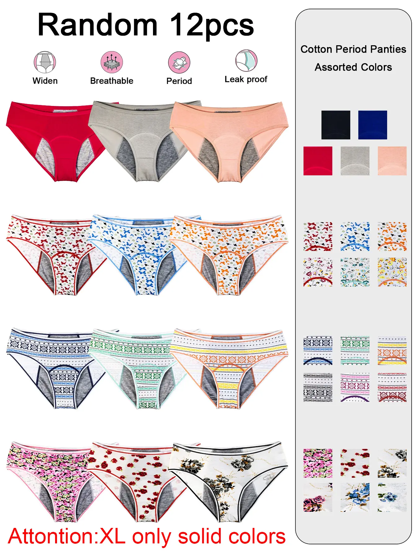 Women’s Period Underwear 12-Pack, Mid-Waist 3-Layer Leak-Proof Cotton Blend Panties, Assorted Print & Solid Designs, Soft Stretch Breathable, Machine Washable for Chic Look Everyday Comfort