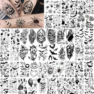 52 Sheets Halloween Temporary Tattoos For Boys Girls Women Men, Adults 3D Scary Face Skull Fake Tattoos Sticker, Ghost Zombie Vampire Bat Spider Web Cat Goodie Bag Stuffers Accessory