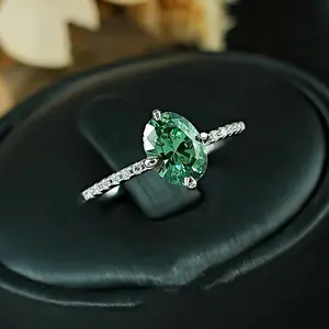 Luxury Green Pear Cut Ring for Women, Sparkly High Carbon Diamond Solitaire Ring, Elegant Silver Engagement Jewelry, Chic Wedding Gift Accessory