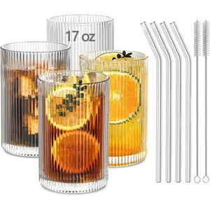 17oz Ribbed Glassware Set of 4, Glass Cups Large Glassware Set, Origami Style Glasses, Ideal for Juice, Water, Ice Coffee Cup