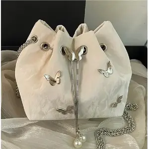 Drawstring Bucket Bag, Metal Small Butterfly Chain Women's Crossbody Bag Shoulder Bag